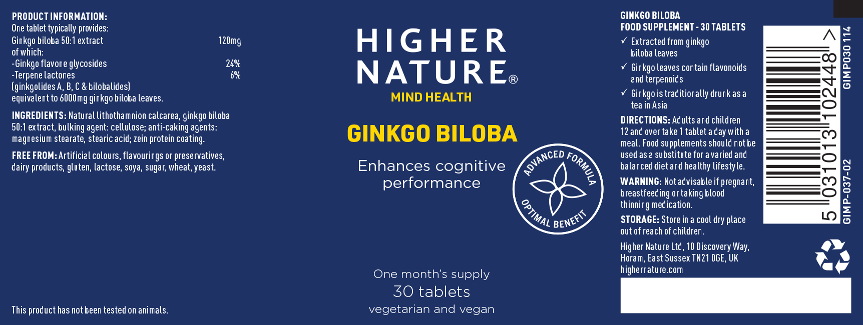 Ginkgo Biloba 30 Tablets Higher Nature