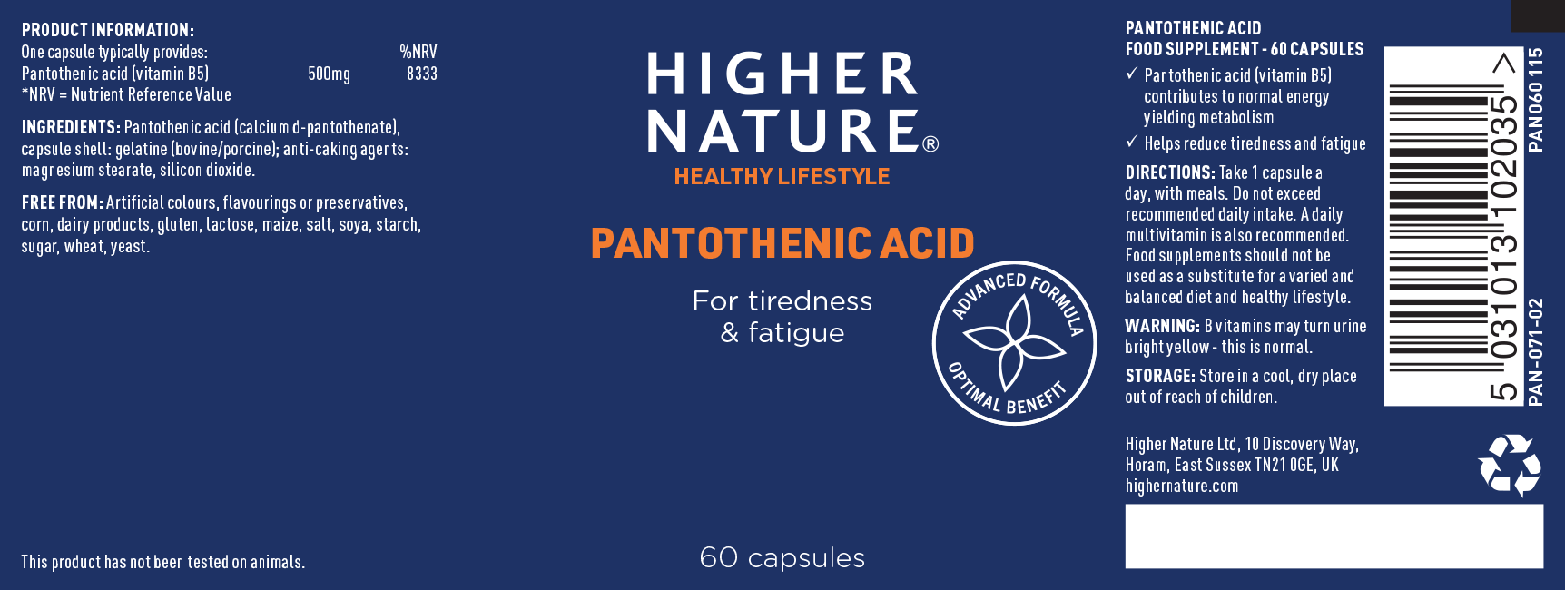 Pantothenic Acid 500mg 60 Capsules Higher Nature